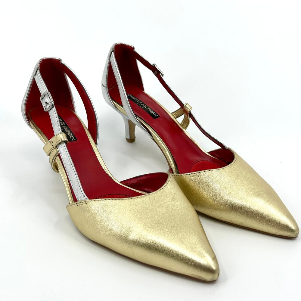 Vintage Y2K Charles Jourdan Gold Silver Leather Pointed Toe T-Strap Heels